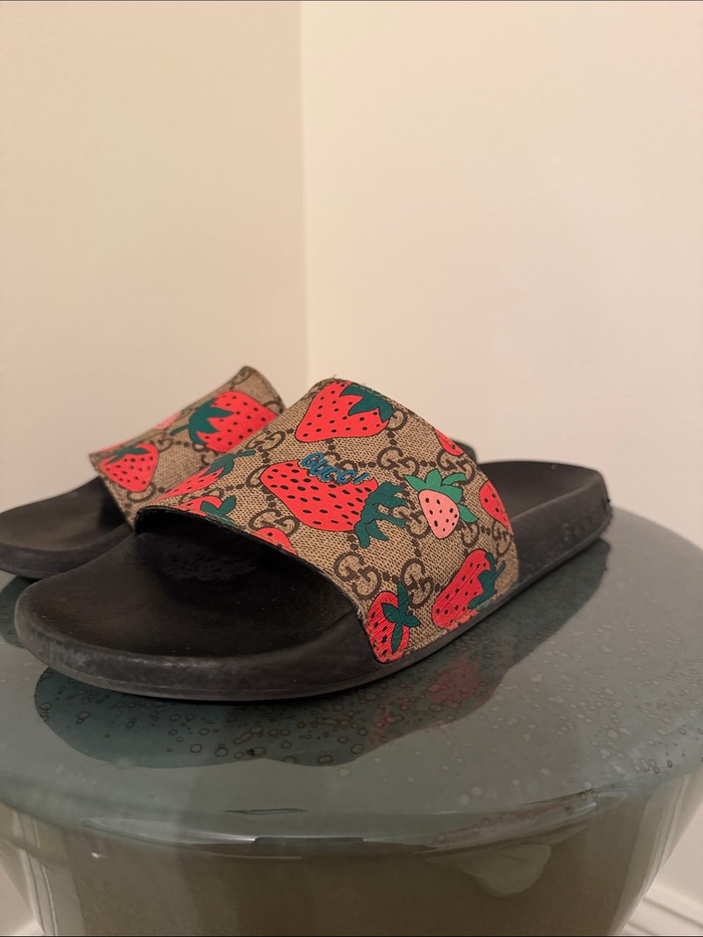 Gucci Strawberry GG Canvas Slide Sandals - Brown/Red/Green